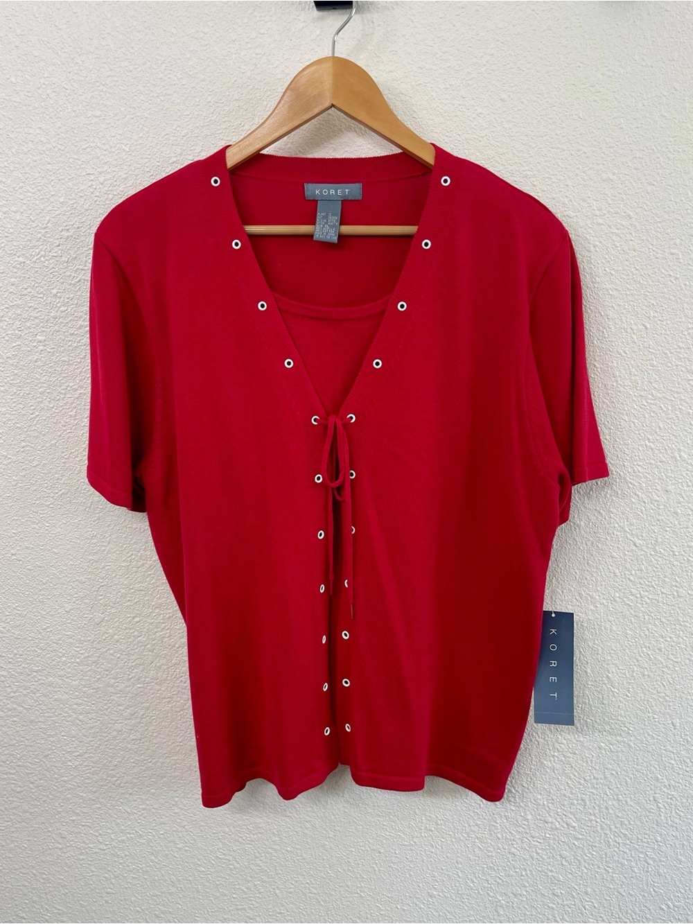 Koret Red Lace-Up Eyelet Short Sleeve Twin Set Sweater Size XL